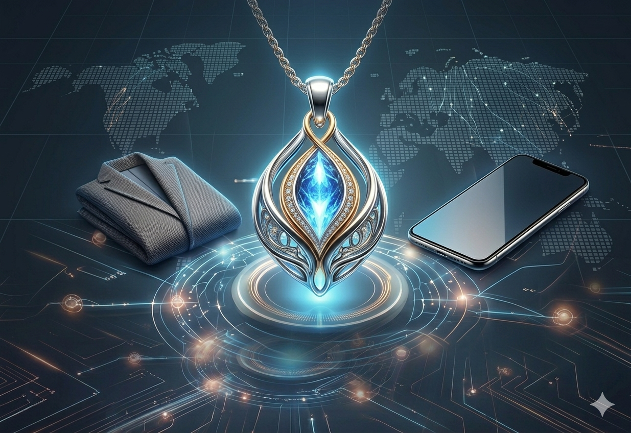 Композиція товарів: підвіска, піджак, смартфон на фоні карти світу